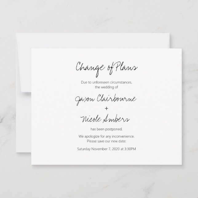 Change of Plans Reschedule Photo Wedding or Event Invitation (Front)