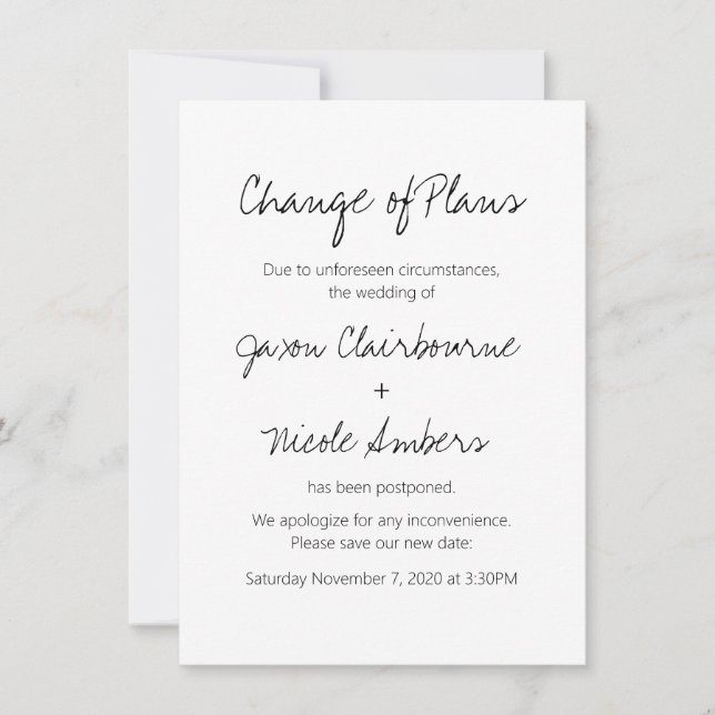 Change of Plans Reschedule Photo Wedding or Event Invitation (Front)