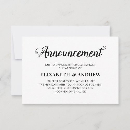 Change of Plans Rescheduled Wedding Modern Script Announcement