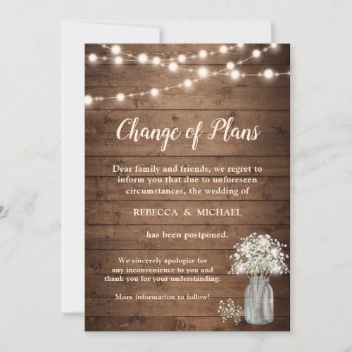 Change of Plans Rustic Baby's Breath String Lights Invitation - Rustic Baby's Breath Mason Jar Lights - Change of Plans Template. 
(1) For further customization, please click the "customize further" link and use our design tool to modify this template. 
(2) If you prefer Thicker papers / Matte Finish, you may consider to choose the Matte Paper Type.
