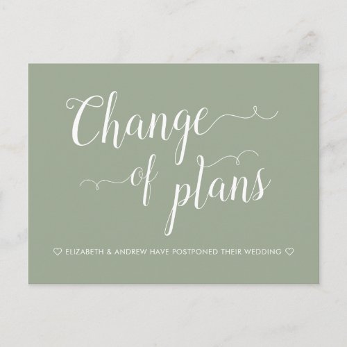 Change of Plans Sage Green Wedding Postponement Announcement Postcard