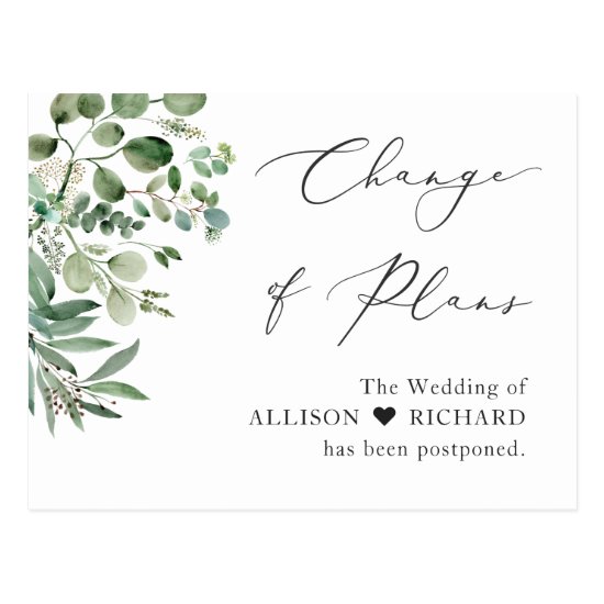 Change of Plans Script Simple Elegant Eucalyptus Postcard