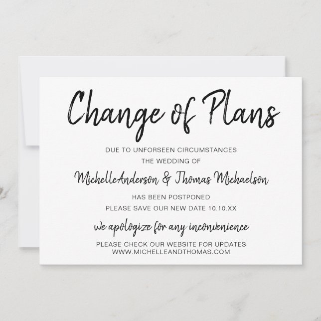 Change of Plans simple Black and White Save The Date (Front)