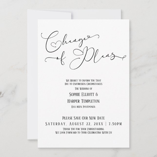 Change of Plans, Simple, Elegant New Wedding Date Invitation (Front)