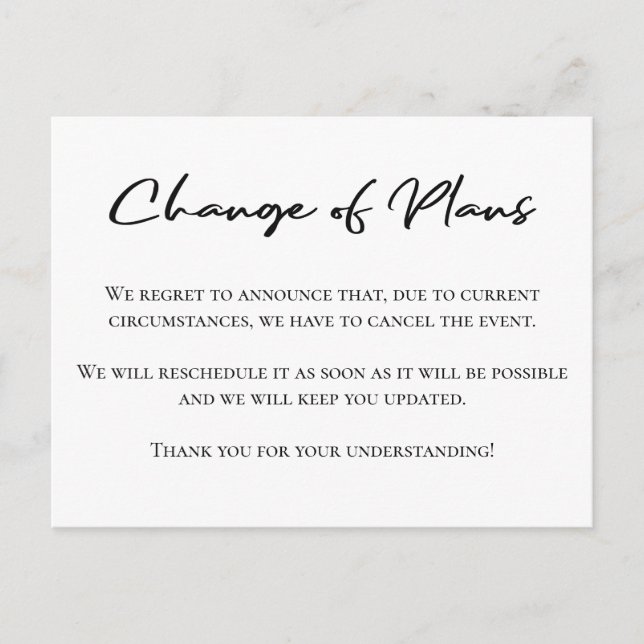 Change of plans simple postponement announcement postcard (Front)