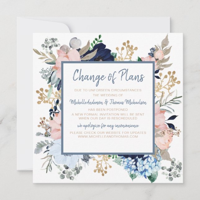 Change of Plans Wedding Dusty Blue Pink Floral Save The Date (Front)