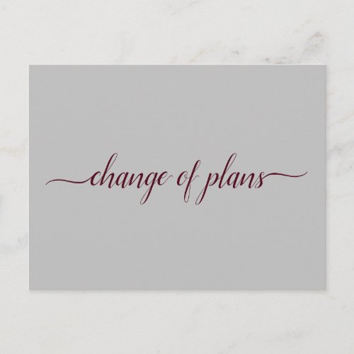 Change of Plans Wedding Postponed Burgundy  Gray Announcement Postcard