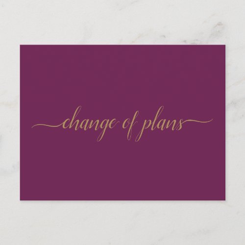 Change of Plans Wedding Postponed Gold  Cassis Announcement Postcard