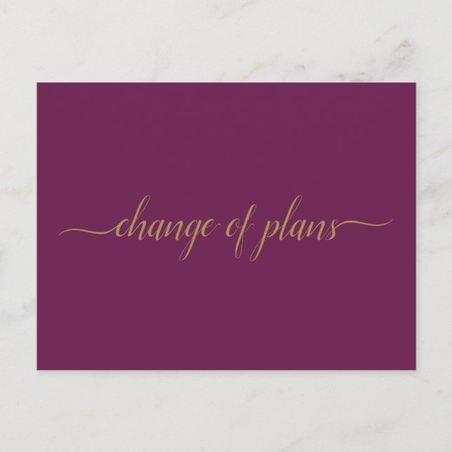 Change of Plans Wedding Postponed Gold & Cassis Announcement Postcard (Front)