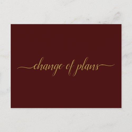 Change of Plans Wedding Postponed Gold on Burgundy Announcement Postcard