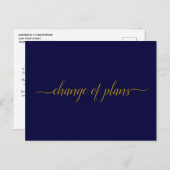 Change of Plans Wedding Postponed Gold on Navy Announcement Postcard (Front/Back)