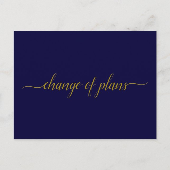 Change of Plans Wedding Postponed Gold on Navy Announcement Postcard (Front)