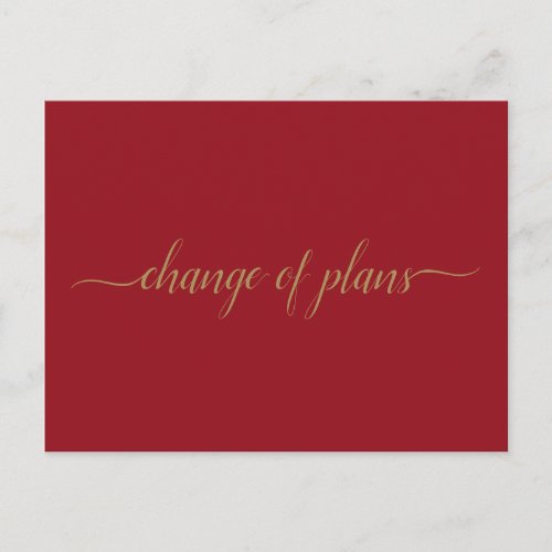 Change of Plans Wedding Postponed Gold on Red Announcement Postcard