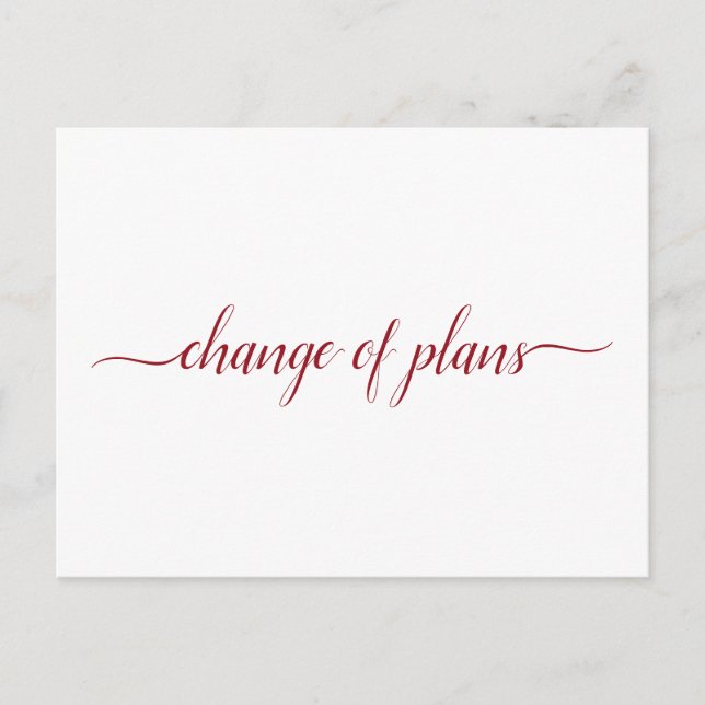 Change of Plans Wedding Postponed Red on White Announcement Postcard (Front)