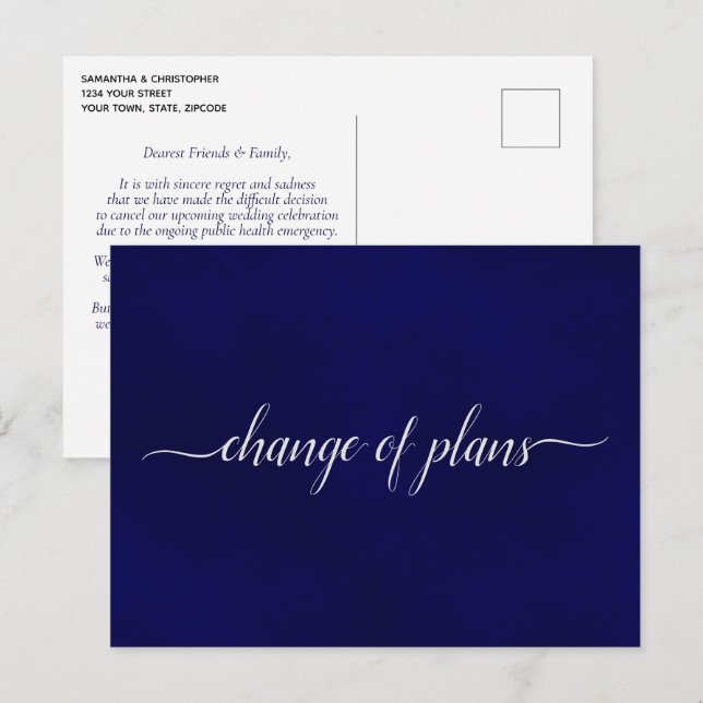 Change of Plans Wedding Postponed Simple Navy Blue Announcement Postcard (Front/Back)