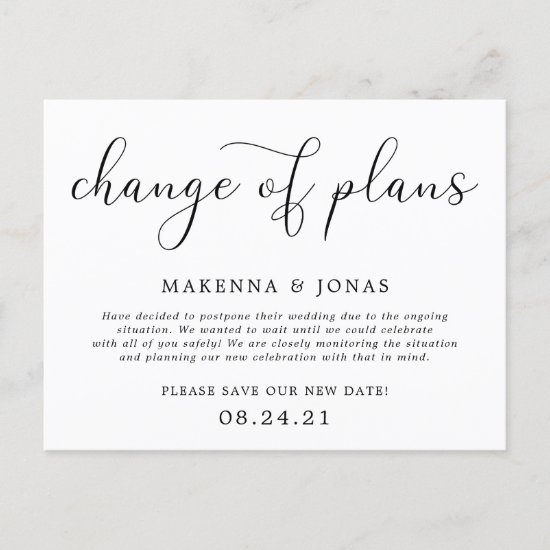 Change of Plans Wedding Postponement Announcement Postcard