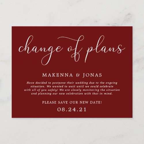 Change of Plans Wedding Postponement Announcement Postcard