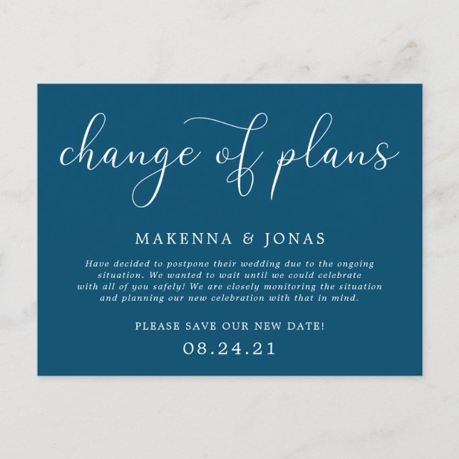 Change of Plans Wedding Postponement Announcement Postcard (Front)