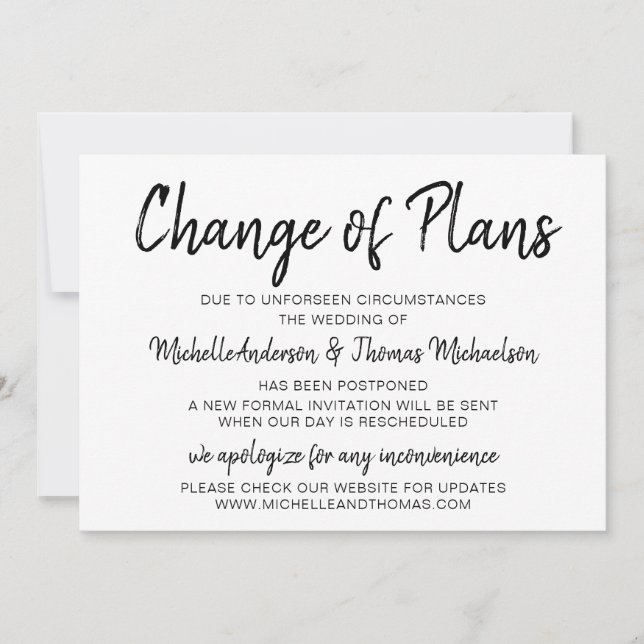 Change of Plans Wedding Simple Black and White Save The Date (Front)