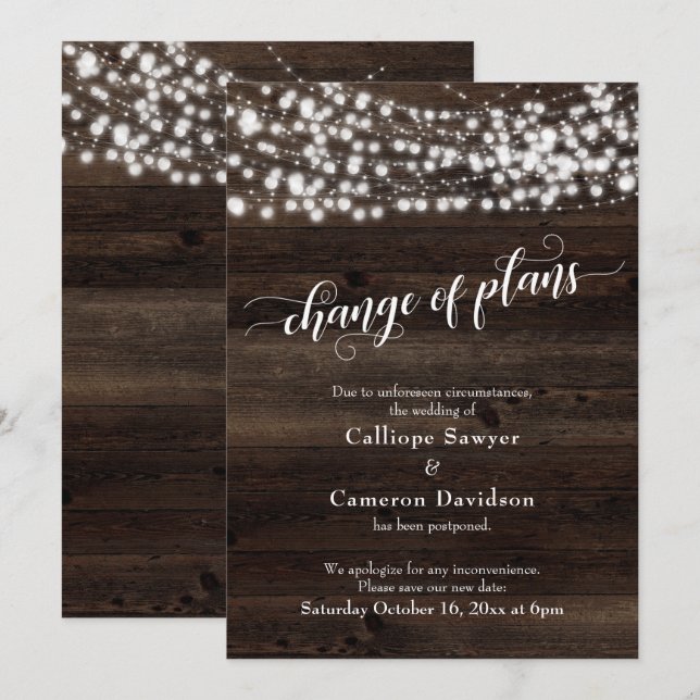 Change of Plans Wood Lights Postponed Wedding Card (Front/Back)