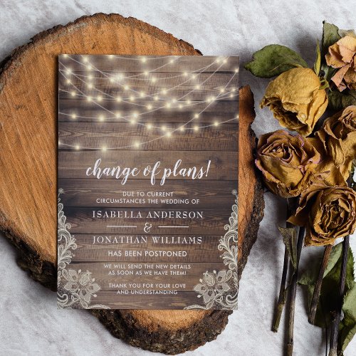 Change Of Plans Wood  String Lights Wedding Invitation Postcard