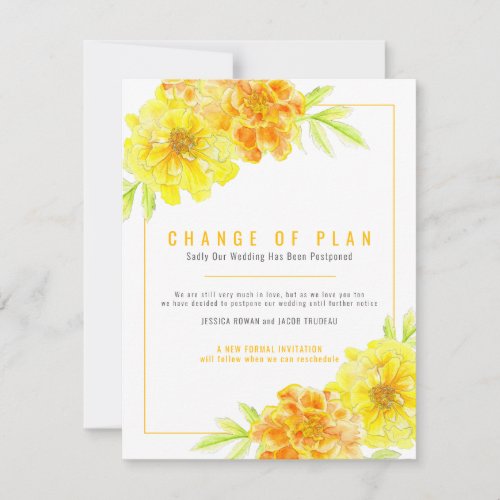 Change of wedding plan yellow marigold cancel invitation