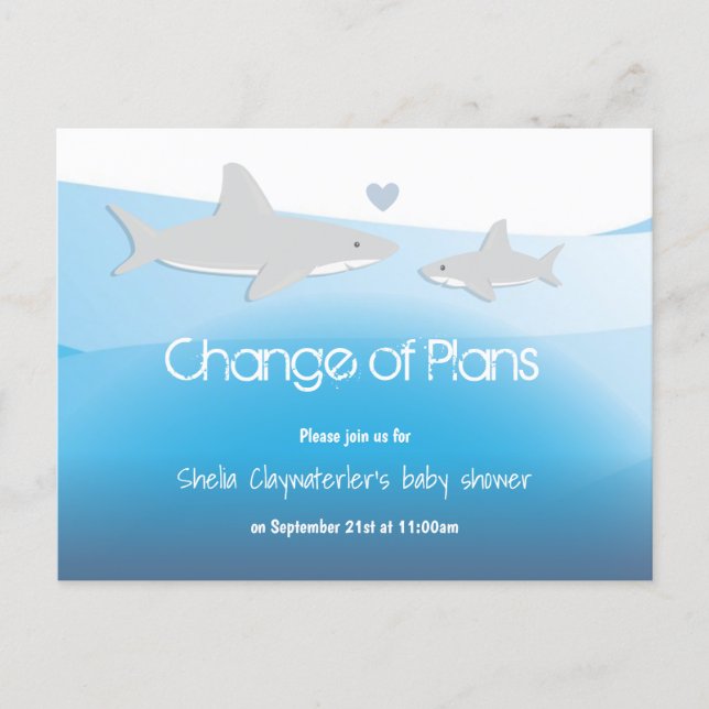 Change Plans Blue Shark Baby Shower Announcement (Front)