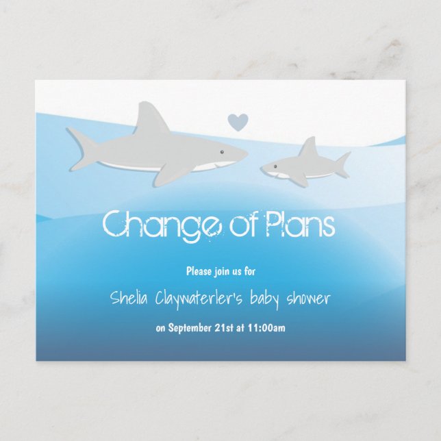 Change Plans Blue Shark Baby Shower Announcement (Front)