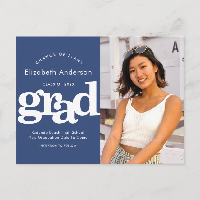 Change plans graduation photo navy bold typography invitation postcard (Front)