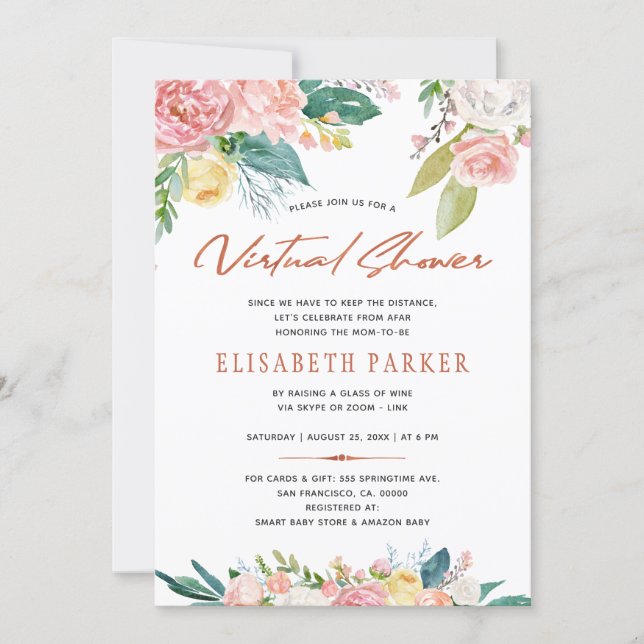 Change plans pink floral virtual  baby shower invitation (Front)