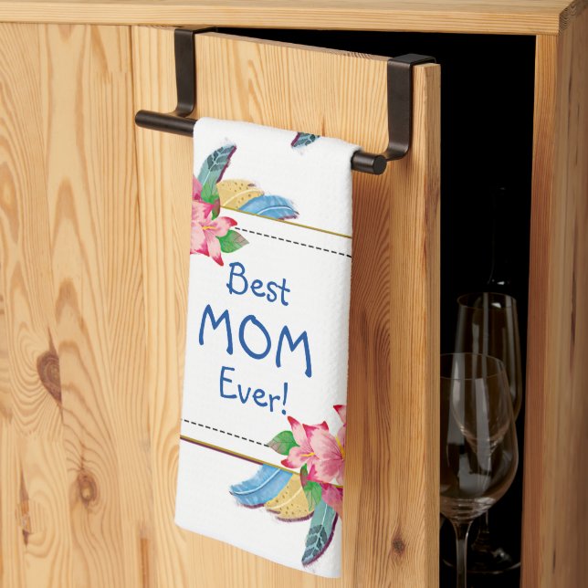 Change Text Add Name Boho Flower Feathers Best Mom Kitchen Towel (Thirds Fold)