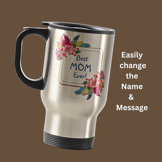 Change Text Add Name Boho Flower Feathers Best Mom Travel Mug (Creator Uploaded)