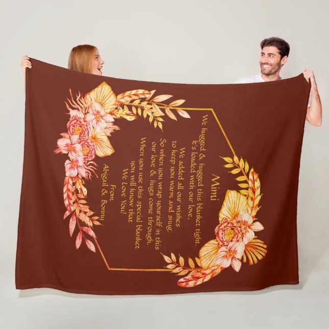 Change Text Add Name Boho Flower Frame Hug Hugged  Fleece Blanket (In Situ)