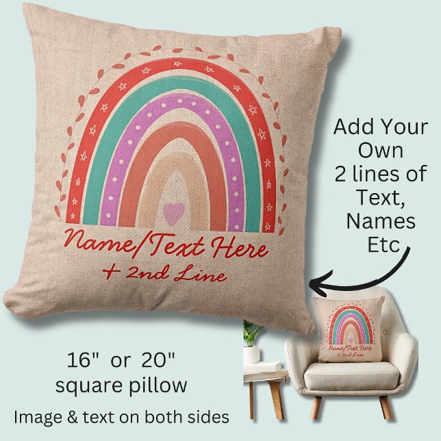 Change Text Add Name Boho Rainbow Heart Aqua Brown Throw Pillow (Creator Uploaded)