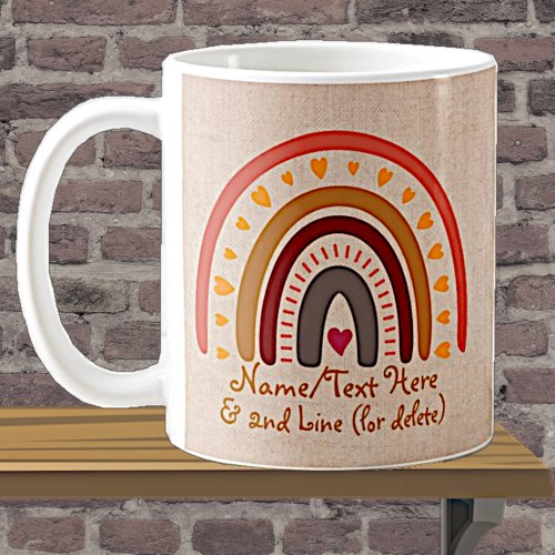 Change Text Add Name Boho Rainbow Heart Pink Beige Coffee Mug