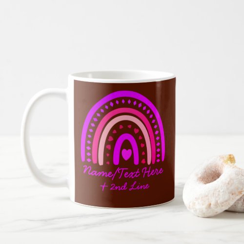 Change Text Add Name Boho Rainbow Heart Pink Brown Coffee Mug