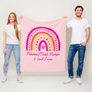 Change Text Add Name, Boho Rainbow Hearts Pink Fleece Blanket