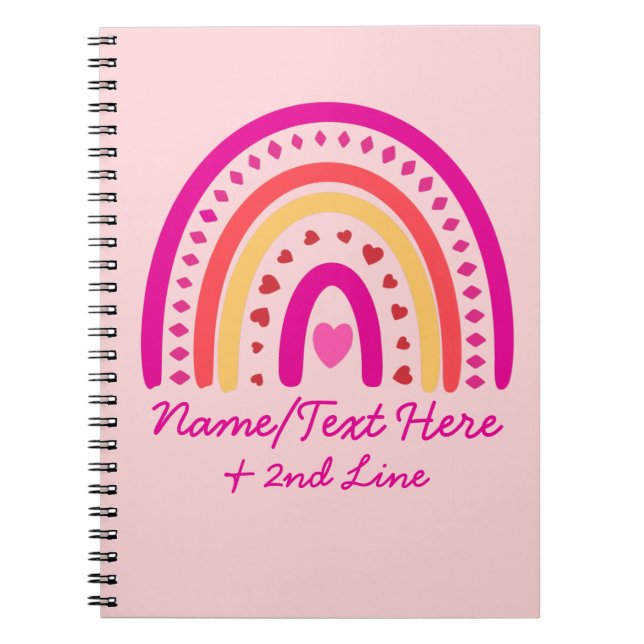 Change Text Add Name, Boho Rainbow Hearts Pink     Notebook (Front)