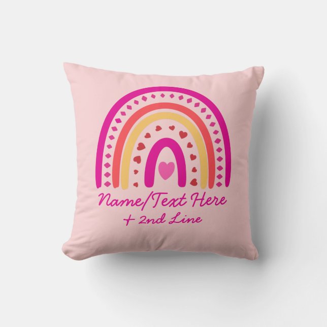 Change Text Add Name, Boho Rainbow Hearts Pink     Throw Pillow (Front)