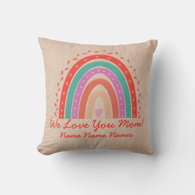 Change Text Add Names Love Mom Boho Rainbow Heart Throw Pillow (Front)