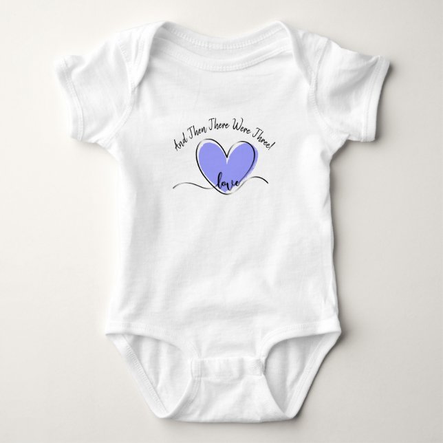 Change Text, And Then There Were Three! Blue Heart Baby Bodysuit (Front)