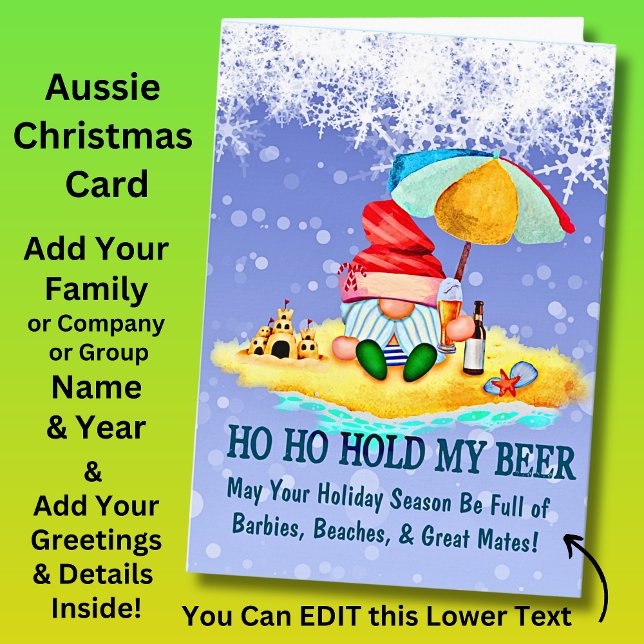 Change Text, Beach Santa, Hold My Beer, Christmas Card (Add your Christmas Greeting Inside this Card - Change the Lower Text on the front,)