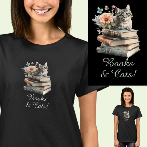 Change Text Books  Cats with Flowers on Black T_Shirt