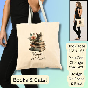 Change Text, Books & Cats, with Flowers, on Black Tote Bag