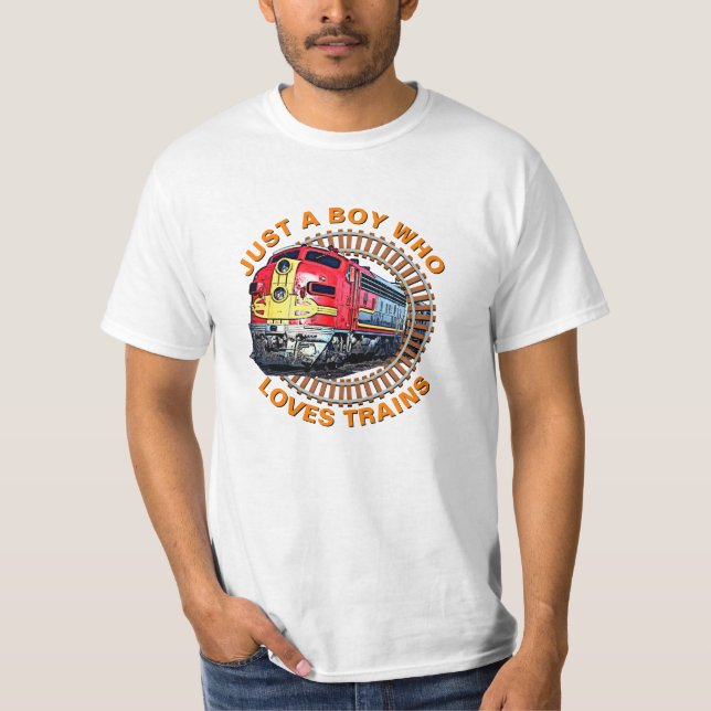 Change Text Boy Who Loves Trains Red Yellow Diesel T-Shirt (Front)