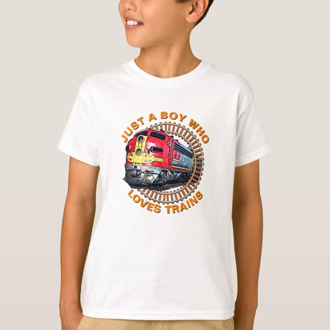 Change Text Boy Who Loves Trains Red Yellow Diesel T-Shirt (Front)