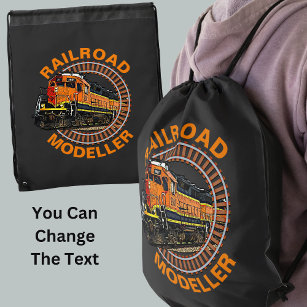 Change Text Railroad Modeller Orange Diesel Train  Drawstring Bag