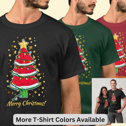 Change Text _ Watermelon Christmas Tree Gold Stars T_Shirt