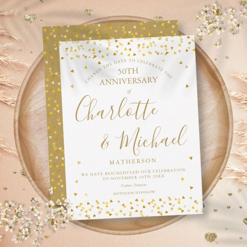 Change the Date 50th Anniversary Gold Hearts Announcement Postcard