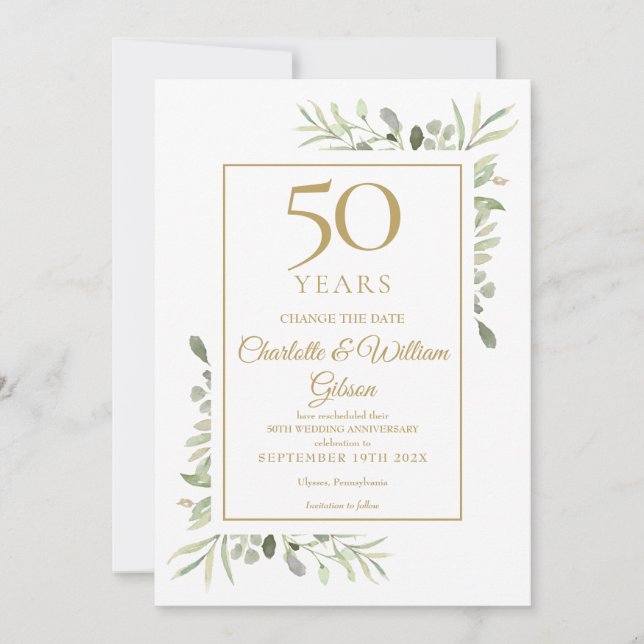 Change the Date 50th Anniversary Greenery Foliage  Invitation (Front)